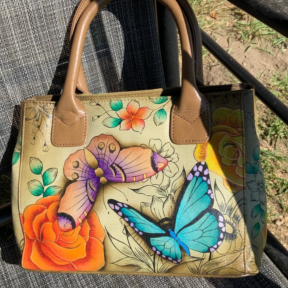 ANNA by ANUSCHKA SMALL SATCHEL - HAND PAINTED - FLORAL PARADISE TAN - NWOT